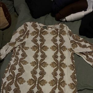 White and Brown Patterned Dress/Swimsuit Cover Up